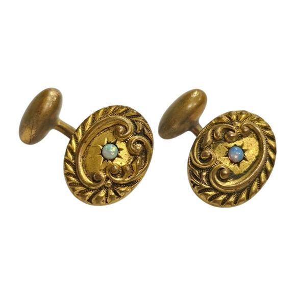 Antique Brass Cufflinks with Australian Opal - Picture 1 of 4